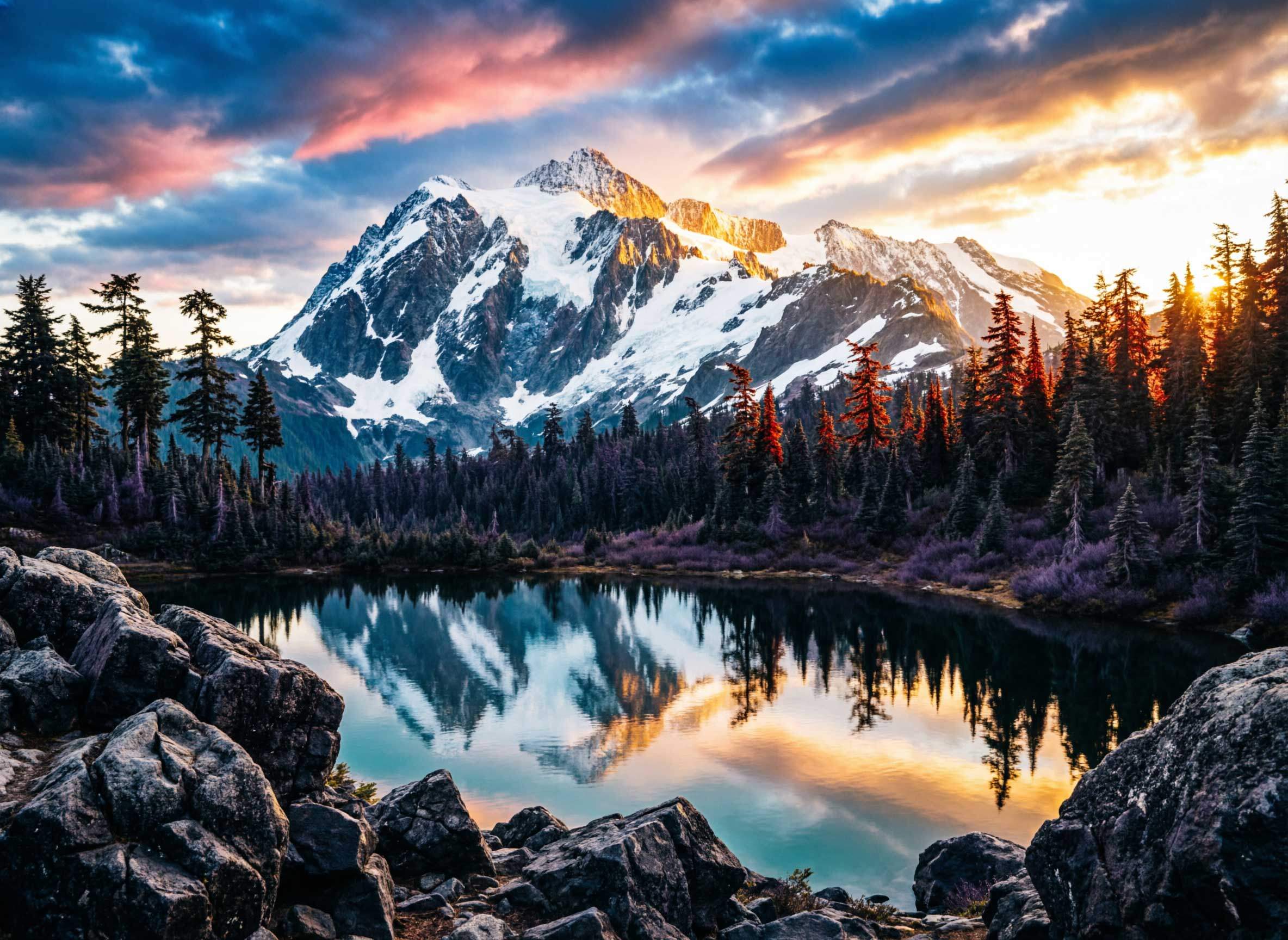 AI-generated alpine lake with mountain reflection and forest using Qwen AI, realistic photography style