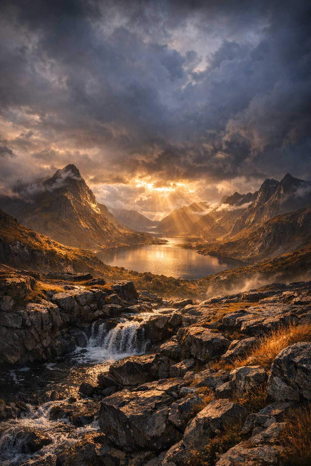 AI-generated mountain lake with waterfall and sun rays using Microsoft Copilot AI, realistic photography style