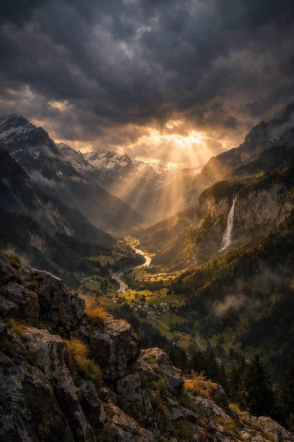 AI-generated mountain valley with sun rays, river and waterfall using ChatGPT DALL·E AI