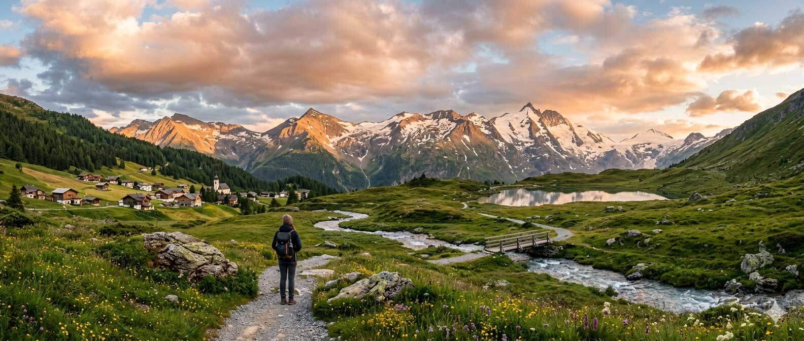 AI-generated mountain village with hiker in alpine landscape at sunset using Google Gemini AI - AI in photography
