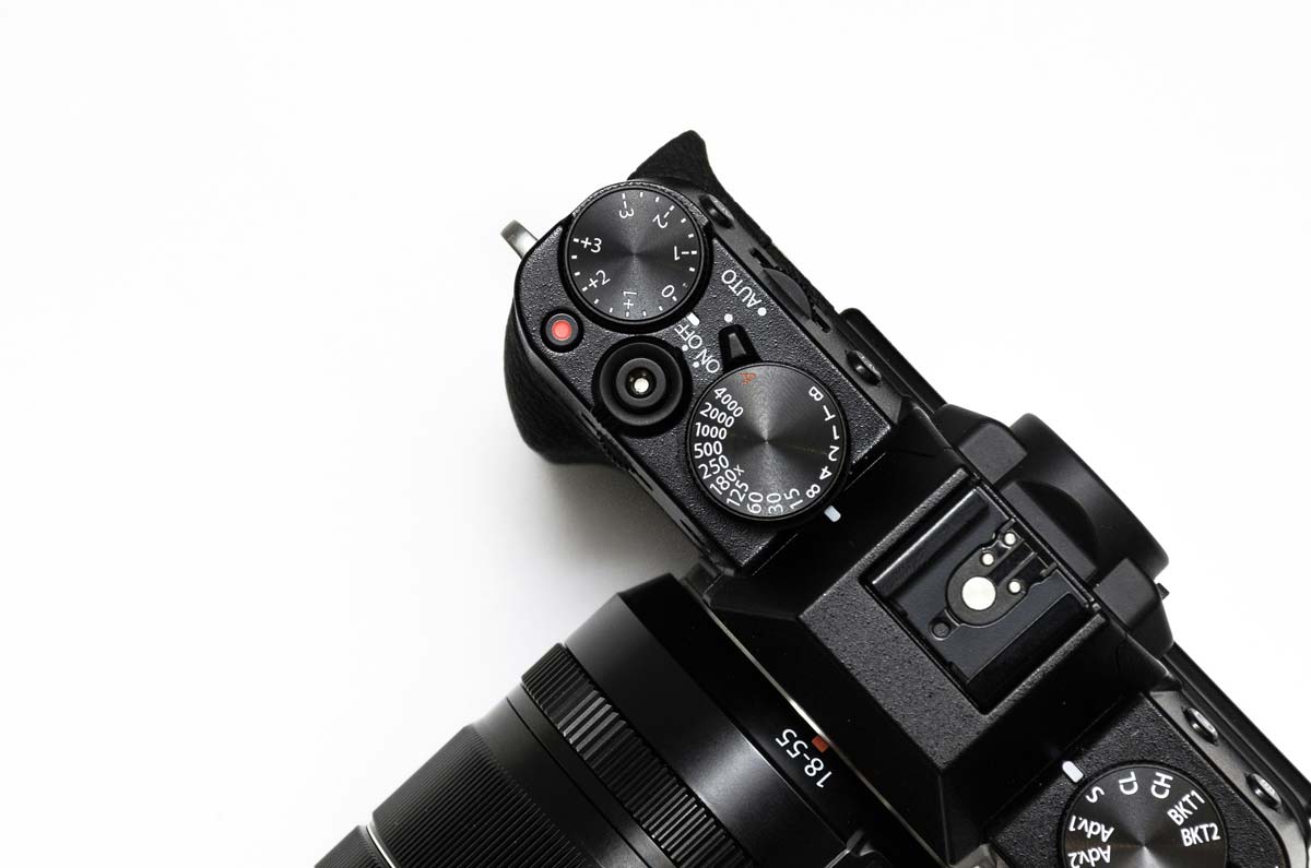 generative AI in cameras comparison setup Top view of a black mirrorless camera with manual dials and an 18–55mm lens